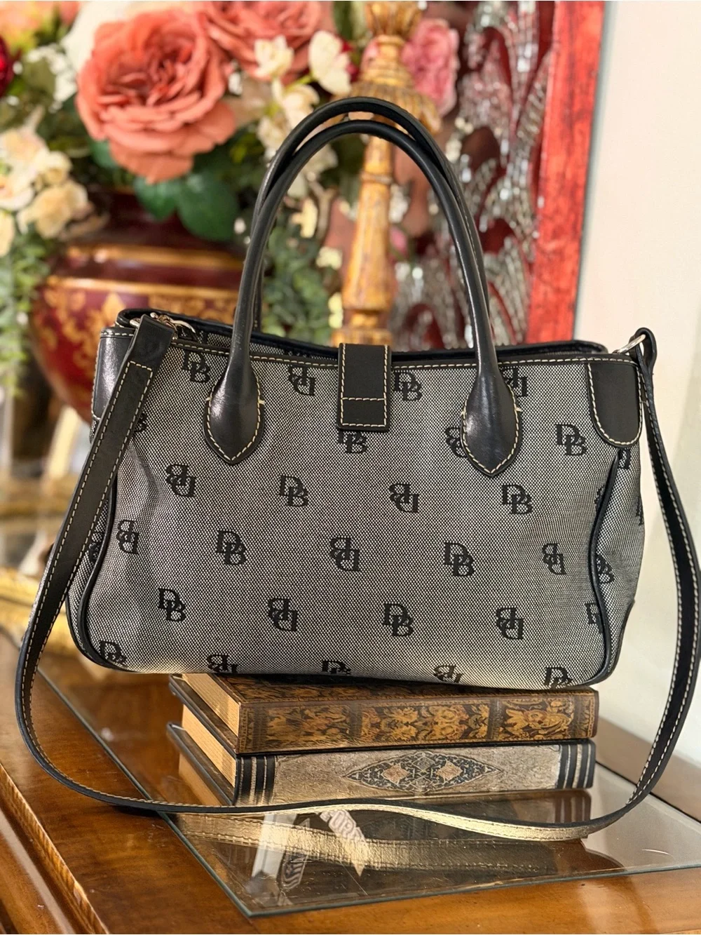 Dooney & Bourke Gray Monogram Jacquard Leather Satchel Purse Classic Preppy